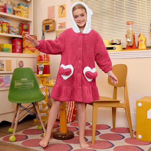 QPANCY Girls Robe Kids Hooded Bathrobe Plush Fleece Pajamas Cute Bear Ears Sleepwear in Saudi Arabia