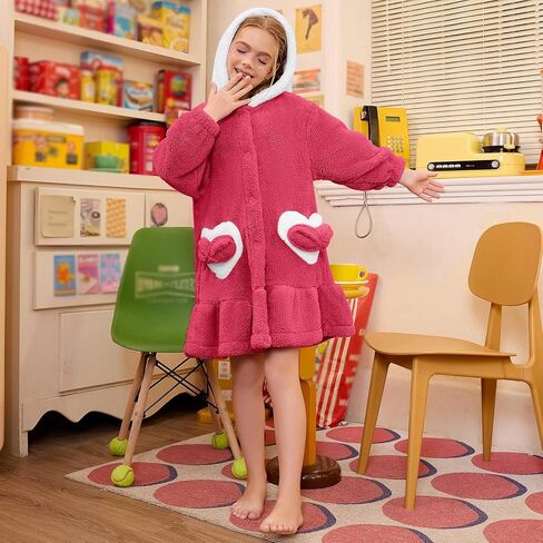 QPANCY Girls Robe Kids Hooded Bathrobe Plush Fleece Pajamas Cute Bear Ears Sleepwear in Saudi Arabia