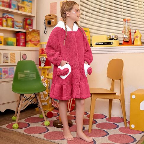 QPANCY Girls Robe Kids Hooded Bathrobe Plush Fleece Pajamas Cute Bear Ears Sleepwear in Saudi Arabia