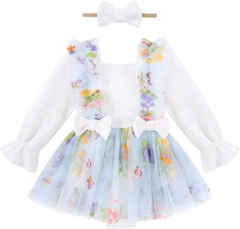 Baby Girl Long Sleeve Romper Dress 0-18M Infant Fairy First Birthday Outfit Bubble Romper with Bow Headband in Kuwait