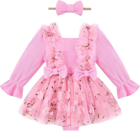 Baby Girl Long Sleeve Romper Dress 0-18M Infant Fairy First Birthday Outfit Bubble Romper with Bow Headband in Kuwait