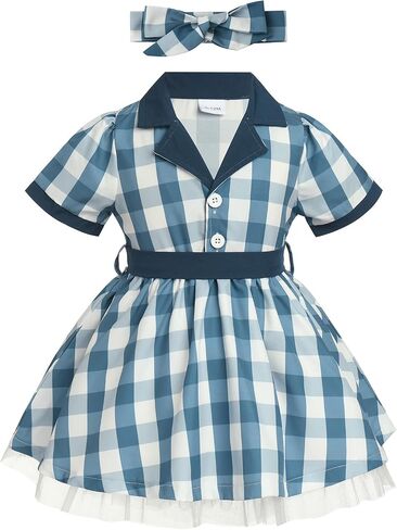 ODIZLI Kids Girls Halloween Costume 1950s Housewife Short Sleeve Ruffle Dress and Headband Dress Up Party Costume in Saudi Arabia