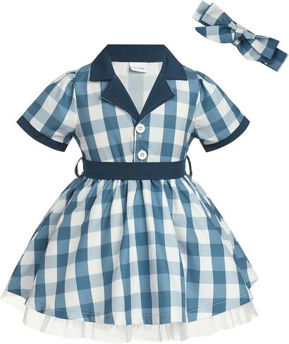 ODIZLI Kids Girls Halloween Costume 1950s Housewife Short Sleeve Ruffle Dress and Headband Dress Up Party Costume in Saudi Arabia