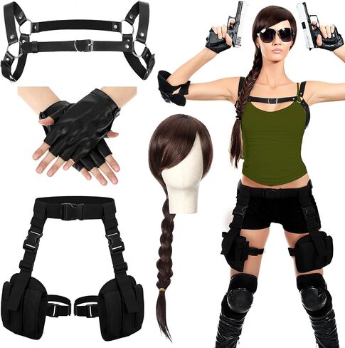 4 Pcs Halloween Thigh Holsters Costume Long Brown Braided Wig Women Waist Harness Cool Belt Half Finger Gloves Cowboy Toys Party Accessory Halloween Cosplay Costume for Women in Saudi Arabia