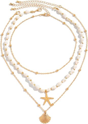 Seashell Necklace for Women Gold Layered Sea Shell Necklace Boho Summer Beach Necklaces for Women Adjustable Pearl Conch Starfish Necklaces Vacation Coastal Beachy Jewelry Outfits Accessories in Saudi Arabia