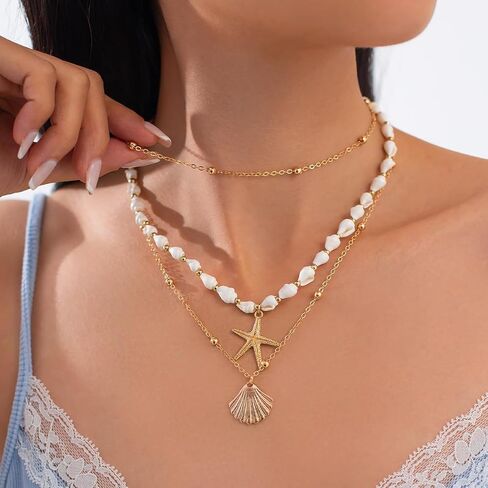 Seashell Necklace for Women Gold Layered Sea Shell Necklace Boho Summer Beach Necklaces for Women Adjustable Pearl Conch Starfish Necklaces Vacation Coastal Beachy Jewelry Outfits Accessories in Saudi Arabia