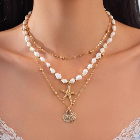 Seashell Necklace for Women Gold Layered Sea Shell Necklace Boho Summer Beach Necklaces for Women Adjustable Pearl Conch Starfish Necklaces Vacation Coastal Beachy Jewelry Outfits Accessories in Saudi Arabia