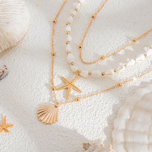 Seashell Necklace for Women Gold Layered Sea Shell Necklace Boho Summer Beach Necklaces for Women Adjustable Pearl Conch Starfish Necklaces Vacation Coastal Beachy Jewelry Outfits Accessories in Saudi Arabia
