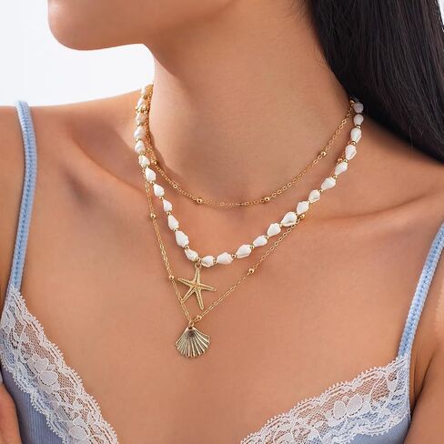 Seashell Necklace for Women Gold Layered Sea Shell Necklace Boho Summer Beach Necklaces for Women Adjustable Pearl Conch Starfish Necklaces Vacation Coastal Beachy Jewelry Outfits Accessories in Saudi Arabia