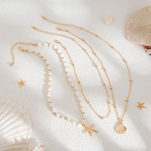 Seashell Necklace for Women Gold Layered Sea Shell Necklace Boho Summer Beach Necklaces for Women Adjustable Pearl Conch Starfish Necklaces Vacation Coastal Beachy Jewelry Outfits Accessories in Saudi Arabia