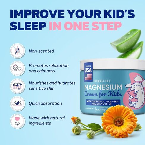 DOODLE HOG Magnesium Cream for Kids - Soothing Relief & Relaxation with Calendula, Aloe Vera, Shea Butter - Topical Magnesium Cream for Sleep - USA Made - (4 oz, Unscented) in Saudi Arabia