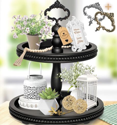2 Tiered Tray Wooden Serving Stand by Felt Creative Home Goods. Small Beaded Tray for Home Decor Display Farmhouse Country Decoration Kitchen or Dining. Includes 3 Finial Custom Handles (Brown) in Saudi Arabia