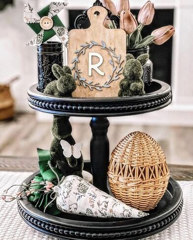 2 Tiered Tray Wooden Serving Stand by Felt Creative Home Goods. Small Beaded Tray for Home Decor Display Farmhouse Country Decoration Kitchen or Dining. Includes 3 Finial Custom Handles (Brown) in Saudi Arabia
