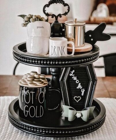 2 Tiered Tray Wooden Serving Stand by Felt Creative Home Goods. Small Beaded Tray for Home Decor Display Farmhouse Country Decoration Kitchen or Dining. Includes 3 Finial Custom Handles (Brown) in Saudi Arabia
