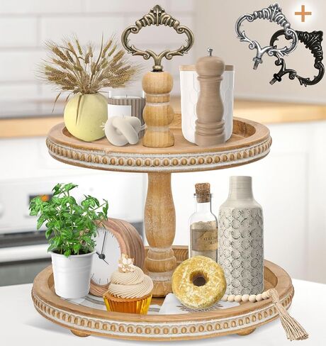 2 Tiered Tray Wooden Serving Stand by Felt Creative Home Goods. Small Beaded Tray for Home Decor Display Farmhouse Country Decoration Kitchen or Dining. Includes 3 Finial Custom Handles (Brown) in Saudi Arabia