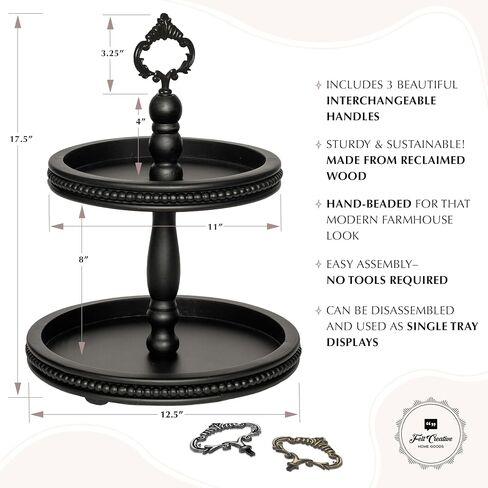 2 Tiered Tray Wooden Serving Stand by Felt Creative Home Goods. Small Beaded Tray for Home Decor Display Farmhouse Country Decoration Kitchen or Dining. Includes 3 Finial Custom Handles (Brown) in Saudi Arabia
