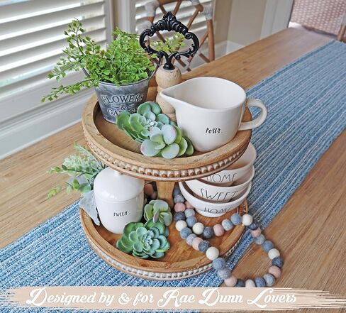2 Tiered Tray Wooden Serving Stand by Felt Creative Home Goods. Small Beaded Tray for Home Decor Display Farmhouse Country Decoration Kitchen or Dining. Includes 3 Finial Custom Handles (Brown) in Saudi Arabia