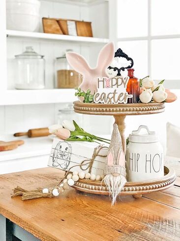 2 Tiered Tray Wooden Serving Stand by Felt Creative Home Goods. Small Beaded Tray for Home Decor Display Farmhouse Country Decoration Kitchen or Dining. Includes 3 Finial Custom Handles (Brown) in Saudi Arabia