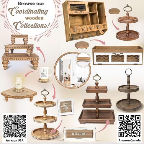 2 Tiered Tray Wooden Serving Stand by Felt Creative Home Goods. Small Beaded Tray for Home Decor Display Farmhouse Country Decoration Kitchen or Dining. Includes 3 Finial Custom Handles (Brown) in Saudi Arabia