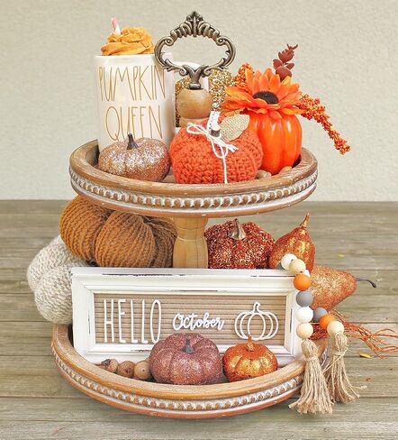 2 Tiered Tray Wooden Serving Stand by Felt Creative Home Goods. Small Beaded Tray for Home Decor Display Farmhouse Country Decoration Kitchen or Dining. Includes 3 Finial Custom Handles (Brown) in Saudi Arabia