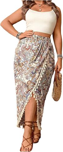 Women's Plus Size Paisley Maxi Skirt Boho Tassel Wrap Asymmetrical Split Thigh Skirts in Kuwait