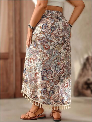 Women's Plus Size Paisley Maxi Skirt Boho Tassel Wrap Asymmetrical Split Thigh Skirts in Kuwait