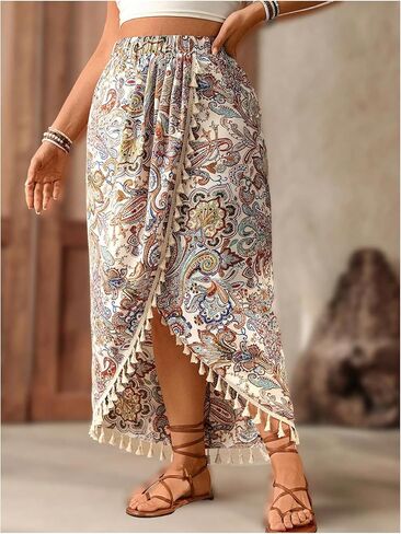 Women's Plus Size Paisley Maxi Skirt Boho Tassel Wrap Asymmetrical Split Thigh Skirts in Kuwait