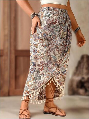 Women's Plus Size Paisley Maxi Skirt Boho Tassel Wrap Asymmetrical Split Thigh Skirts in Kuwait