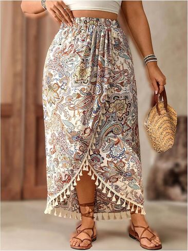 Women's Plus Size Paisley Maxi Skirt Boho Tassel Wrap Asymmetrical Split Thigh Skirts in Kuwait