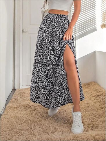 Verdusa Women's Plus Size Floral Slit Maxi Skirts Beach Vacation High Waisted Long Skirt in Kuwait