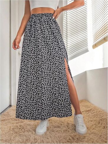 Verdusa Women's Plus Size Floral Slit Maxi Skirts Beach Vacation High Waisted Long Skirt in Kuwait