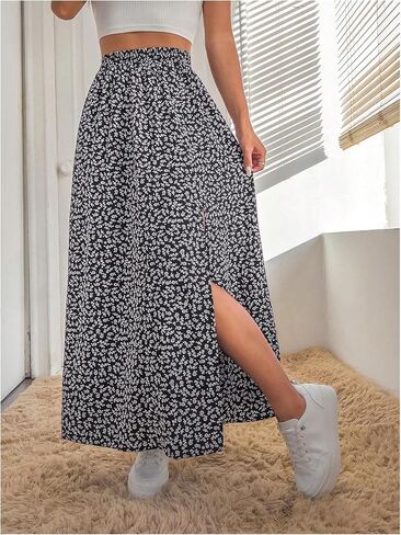 Verdusa Women's Plus Size Floral Slit Maxi Skirts Beach Vacation High Waisted Long Skirt in Kuwait