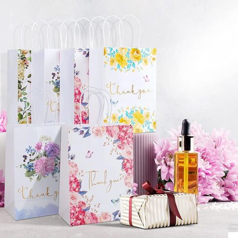 Small Thank You Gift Bags 12 Pack Floral Design Thank You Bags with Handles, 8.6" X 6.2" X 3" White Kraft Paper Bags Favor Bag Gift Bags for Small Business Wedding Bridal Shower Baby Shower in Saudi Arabia