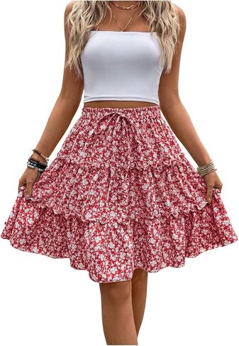 تنورة نسائية بنقشة الزهور بوهو ذات طبقات وتنانير عالية الخصر واسعة ومكشكشة على شكل حرف A in Kuwait