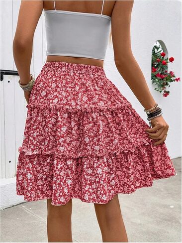 تنورة نسائية بنقشة الزهور بوهو ذات طبقات وتنانير عالية الخصر واسعة ومكشكشة على شكل حرف A in Kuwait