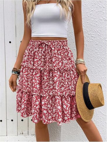 تنورة نسائية بنقشة الزهور بوهو ذات طبقات وتنانير عالية الخصر واسعة ومكشكشة على شكل حرف A in Kuwait