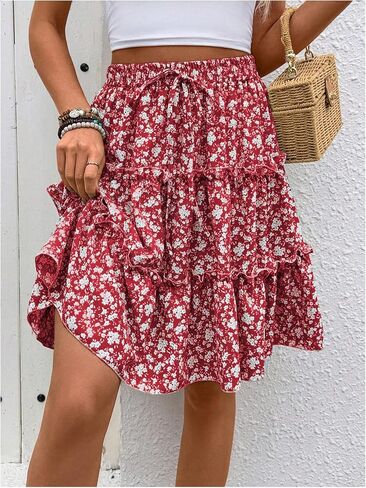 تنورة نسائية بنقشة الزهور بوهو ذات طبقات وتنانير عالية الخصر واسعة ومكشكشة على شكل حرف A in Kuwait