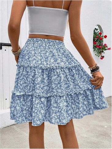 Women's Floral Skirt Boho Tiered Layered High Waisted Flowy A Line Ruffle Skirts in Saudi Arabia