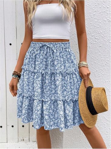 Women's Floral Skirt Boho Tiered Layered High Waisted Flowy A Line Ruffle Skirts in Saudi Arabia