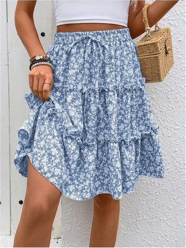 Women's Floral Skirt Boho Tiered Layered High Waisted Flowy A Line Ruffle Skirts in Saudi Arabia