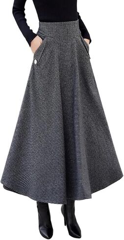 Plaid Wool Skirt for Women Fall Winter Long A-Line Vintage High Waist Pleated Tartan Swing Skirts in Saudi Arabia