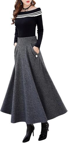 Plaid Wool Skirt for Women Fall Winter Long A-Line Vintage High Waist Pleated Tartan Swing Skirts in Saudi Arabia
