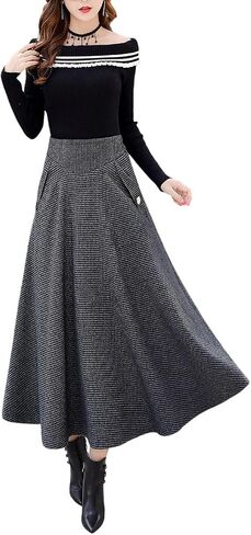 Plaid Wool Skirt for Women Fall Winter Long A-Line Vintage High Waist Pleated Tartan Swing Skirts in Saudi Arabia