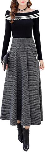 Plaid Wool Skirt for Women Fall Winter Long A-Line Vintage High Waist Pleated Tartan Swing Skirts in Saudi Arabia