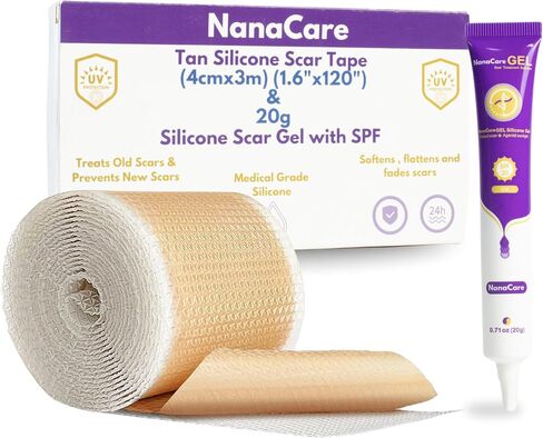 جل الندبات السيليكون مع عامل حماية من الشمس SPF 20G وشريط الندبات السيليكون الأسمر 120 بوصة × 1.5 بوصة | صفائح السيليكون الطبية وكريم الندبات للعمليات القيصرية، وشد البطن، والجُدرات، والوجه، والندبات الجراحية in Kuwait