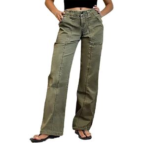 Flamingals Women Straight Leg Mid Rise Casual Solid Seam Front Flap Pocket Pants in Kuwait