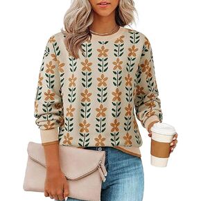 Womens Trendy Floral Sweaters Flower Printed Crewneck Knit Sweater Cute Loose Long Sleeve Fashion Pullover Tops in Kuwait