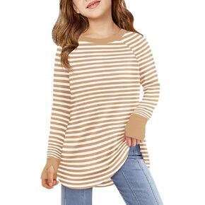 Haloumoning Girls Striped Thumb Hole Long Sleeve Shirts Kids Crewneck Tunic Tops Curved Hem Tees 5-14 Years in Kuwait