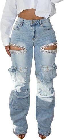 Ryehack Women's Rhinestone Cargo Jeans High Waisted Wide Leg Ripped Baggy Distressed Sparkly Y2K Denim Pants in Saudi Arabia
