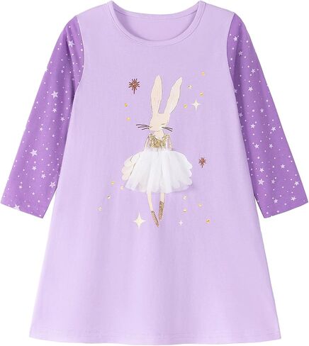 Hongshilian Girl's Cotton Christmas Dress Cute Cartoon Appliques Long Sleeved Swing A-Line Casual Tunic Playwear in Kuwait